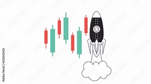 Stock market trends bw 2D animation. Trading candlesticks stocks with rocket take off 4K video motion graphic. Buying and selling monochrome outline animated cartoon flat concept, white background
