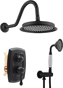 Antique Shower Faucet Sets Complete Shower System: 9" Vintage Rain Head with Handheld, 2 Way Diverter Rough in Brass Valve and Trim Kit, Wall Mounted, Matte Black