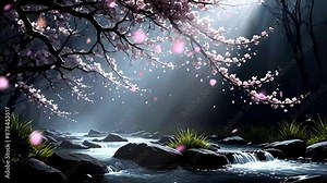 Sakura tree by the riverside with light beams and falling petals in seamless looping animation time lapse 4k Stock Video