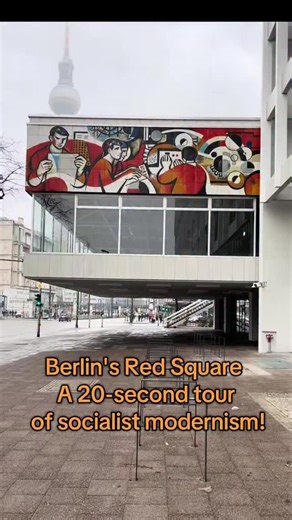 Berlin’s Red Square A 20-second tour of socialist modernism! Swipe through the iconic architecture of Alexanderplatz & Berlin-Mitte. This is the heart of GDR urban planning! Berlin TV Tower (Berliner Fernsehturm) - The iconic 368m needle of Berlin, built between 1965-1969. Architects: Hermann Henselmann, Jörg Streitparth, et al. Haus des Lehrers & Mosaic Frieze - The “House of the Teachers” (1962-64) by Hermann Henselmann, famous for its stunning 125m long mosaic. Press Cafe / Haus des Berliner 