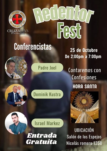 ¡Llega el Redentor Fest! Prepárate para vivir una experiencia única de encuentro con el amor y la misericordia de Dios. 🙌 En este evento especial habrá sacerdotes confesando y charlas inspiradoras sobre el perdón. Es momento de dejar atrás lo que te ata, reconciliarte con Dios y redescubrir la alegría de un corazón libre. ❤️ No te pierdas esta pequeña probada de nuestra cruzada Juvenil Te esperamos este 25 de octubre! De 2-7 pm Regístrate en el forms https://docs.google.com/forms/d/e/1FAIpQLSev