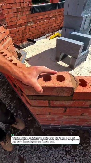 How Masons Place Hollow Bricks Straight and Fast on Each Course! #Masonry #Bricklaying #Construction
