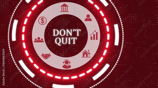 A don't quit button on a clear projection ,Red wave digital data flow. Seamless loop technology network background concept . Futuristic digital technology animated background concept.