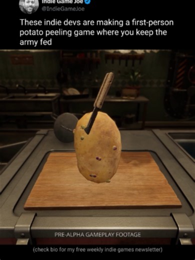 Your job is simple comrade, peel the potatoes, the army is hungry - Peel them by hand with real physics - Cut thin, do not waste any of it - Buy machines and automate the lot Game is Potato Please. You can wishlist it on Steam now. hey guys, i've actually just started my own indie games newsletter! I share 5 cool indie games like this every week, completely free. if that sounds like your thing, feel free to join! :) indiegamejoe.player.gg #gamingontiktok #whattoplay #indigames #videogame #gaming
