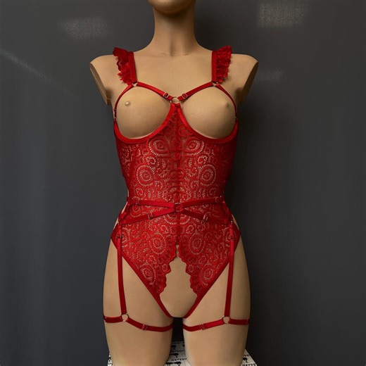 Valentine's Red Cupless Lingerie Lace Open Cup Bodysuit, Crotchless Babydoll Garter Belt - Etsy