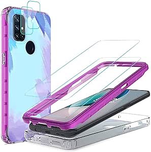 Jeylly for Oneplus Nord N10 5G Case & Tempered Glass Screen Protector & Camera Lens Protector for 1+ Nord N10, 2 in 1 Soft TPU Bumper Slim Watercolor Case for Oneplus Nord N10, Blue/Purple