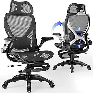 ELABEST X100 Ergonomic Mesh Office Chair with Footrest, Big and Tall Hone Desk Chair with 5D Flip-Up Arms, Adjustable 3D Lumbar Support,Gaming & Executive Computer Chairs for Long Hours(Midnight Mist)