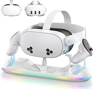 Charging Dock for Meta Quest 3S/3/2, 20W Magnetic Charging Station for Oculus Quest 3S/3/2 Accessories with Rechargeable 2X2100mAh Batteries, RGB Charging Stand for VR Headset & Controllers