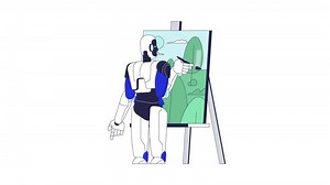 Artificial intelligence painting landscape 2D character animation. AI robot painter creating generative artwork on easel animated personage cartoon 4K isolated on white transparent