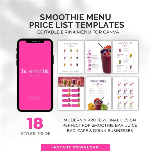Smoothie Menu Template Canva | Juice & Smoothie Bar Menu | Healthy Drink Price List | Editable Cafe Menu
