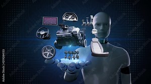 Robot opens palms, Electronic, hybrid battery car. Disassembled car parts. eco-friendly future car. engine, seat, Instrument panel, navigation. 4k animation.