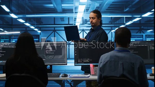 Middle eastern manager in server hub workplace doing inspection on electronics and multiracial workers. Team leader reading paperwork on laptop, verifying infrastructure documents, doing audit