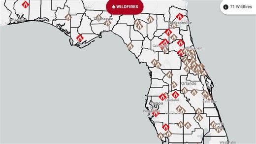 Number of wildfires in Florida increases to 71, burning 3,000 acres. See map for locations