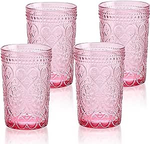 Vintage Drinking Glasses Set of 4-12 OZ Pink Embossed Old Fashioned Water Glasses Tumblers for Whisky, Beer, Juice, Beverages, Cocktail