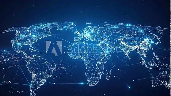 Global network connections, illustrating interconnectedness across the world with glowing lines and nodes on a world map.