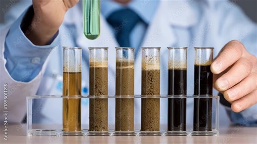 Laboratory technician conducting chemical soil tests with reagents and glassware to determine nutrient composition and health indicators.