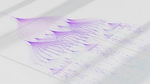 白い背景にカラフルな分岐ニューラルネットワークの3Dアイソメトリックアニメーション。複雑なアルゴリズム、チャットボット、人工知能、機械学習、大言語モデルの視覚化