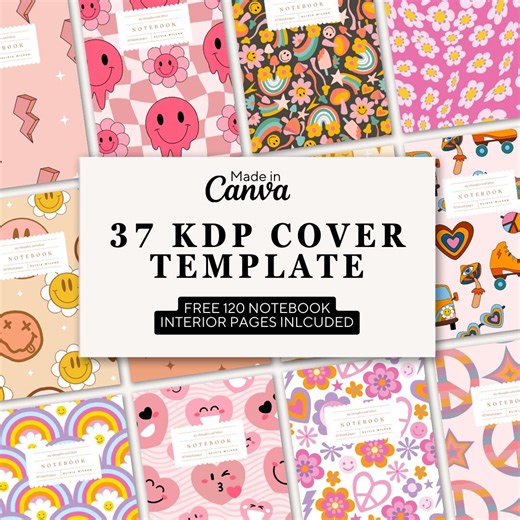 37 Editable Notebook KDP Covers, Canva KDP Notebook Template, Book Cover, KDP Cover Template, Planner & Journal Covers, Free Interior Bundle - Etsy