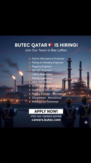 Senior Engineer Jobs: BUTEC Hiring in Ras Laffan, Qatar 👉 Apply Details: https://shorturl.at/8Fyss Follow the Gulf Jobs channel on WhatsApp for latest updates> https://lnkd.in/g9ppihE We are seeking highly experienced professionals to join our team in one of the world's most critical energy hubs. If you specialize in quality, safety, or mechanical execution, this is your chance to make a global impact. Key Roles Open: Senior Mechanical Engineer Piping & Welding Engineer Rigging Engineer / Super