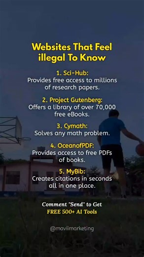Websites That Feel illegal To Know 1. Sci-Hub: Provides free access to millions of research papers. 2. Project Gutenberg: Offers a library of over 70,000 free eBooks. 3. Cymath: Solves any math problem. 4. OceanofPDF: Provides access to free PDFs of books. 5. MyBib: Creates citations in seconds all in one place. Want to Skyrocket your Social Media Growth? DM "Growth" for Social Media Management Service Access the FREE "Ultimate GPT-4 Mastery Course" "500 AI Tools" — Check Link in Bio! Follow @ma