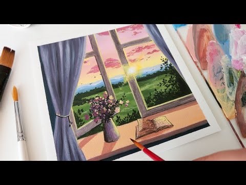 Simple Painting Idea- Window View + Soft Colored Sunset! Acrylic Painting Tutorial!