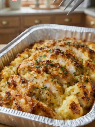 Chicken Stuffing Casserole 🍗🥖🧀 Ingredients 3 boneless skinless chicken breasts 1 box 6 oz chicken stuffing mix 1 can 10.5 oz cream of chicken soup ½ cup sour cream ½ cup milk ½ tsp garlic powder ½ tsp black pepper 1 cup shredded cheddar cheese Fresh parsley, chopped for garnish Serves: 4 Prep time: 10 minutes Cook time: 45 minutes at 375°F How to Make 1️⃣ Preheat oven to 375°F. Place the chicken breasts in a single layer in a greased 9x13-inch baking dish or foil pan. Season lightly with blac