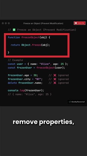 How to Freeze Objects (Prevent Modification) in JavaScript | Quick Tip | #shorts #javascript
