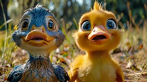 Duckling Duo: A playful and adorable image of two ducklings with wide eyes, capturing the innocence and wonder of childhood. The soft, natural lighting and focus on their faces create a heartwarming