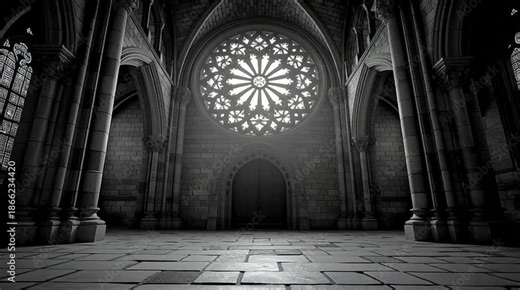 gothic window in historic monastery, ornate monastery window with medieval stonework, large gothic window in tranquil cloister