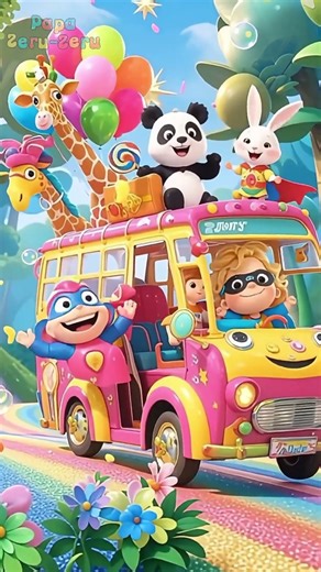 Colorful bus rides through the city, everyone waves and laughs together!