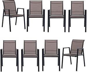 Stackable Patio Chairs Set of 8, Outdoor Dining Chairs with High Back & Metal Frame, Lightweight Sling Chair for Lawn Garden Deck, Mocha