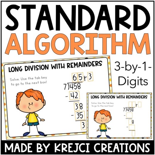 Long Division Boom Cards and Worksheet - 1-Digit Divisors Standard Algorithm