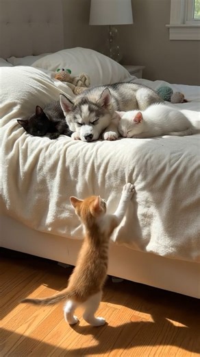 Kitten Tries to Climb the Bed to His Friends 🥺 #kitten #dogs #pet #fblifestyle #dogslover #puppy | We Love Dogs