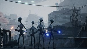 Alien invaders from deep space with energy weapons have landed in the city. Apocalyptic atmosphere of a planet being destroyed. The animation is perfect for apocalyptic, sci-fi and space backgrounds.
