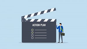 Action plan with checklist step by step of business implementation, 4k animation of Businessman managing a slate with steps listed for an action plan.