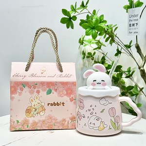 [Hot Item] Cartoon Cute Bunny Straw Mug with Lid Creative Ceramic Cup with Box