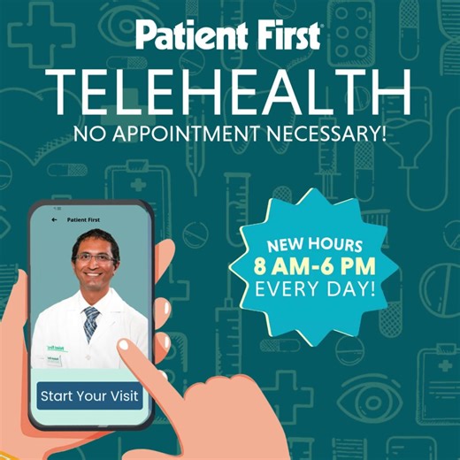 Patient First Telehealth: now available 8 am – 6 pm every day of the year! We know urgent care doesn't wait for a schedule, and we want to make it easier than ever to connect with a healthcare provider! Get the care you need when you need it with our new extended telehealth hours. Get started here: https://www.patientfirst.com/telehealth | Patient First