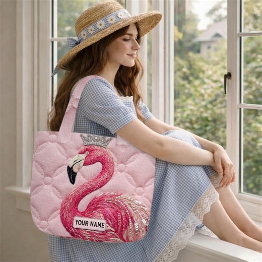 Personalized Flamingo Quilt Tote Bag, Pink Bird With Crown Quilted Patchwork, Vintage Tropical Animal Bird Lovers Shopping Bag TD-0328-QELZ - Etsy