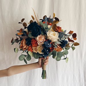 Wedding Bouquet With Navy Blue and Rust Orange Flowers, Bridesmaids Bouquets, Rust Orange Bouquets, Fake Terracotta Bouquet, Faux Bouquet - Etsy