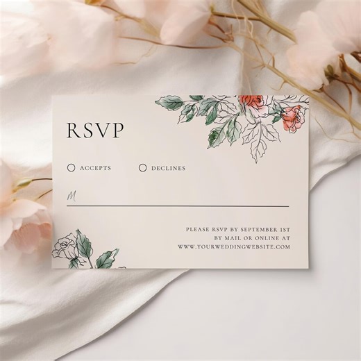 Vintage Floral Wedding RSVP Card Template, Red Flowers Line Drawing Response Card (instant Download) - Etsy