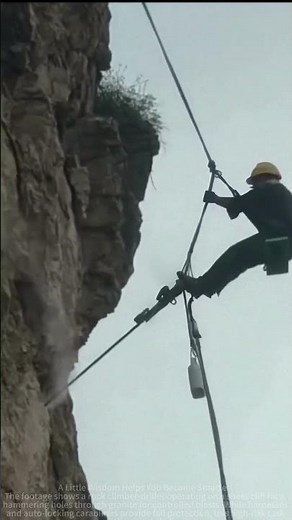 Workers drilling blast holes on a steep cliff during high-altitude operations