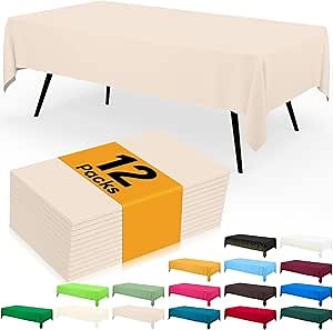Smiry Disposable Table Cloth - 12 Pack, 54 x 108 Inch Waterproof Rectangle Tablecloths for Parties, Decorative Plastic Table Cover, Leakproof & Sturdy, Ivory