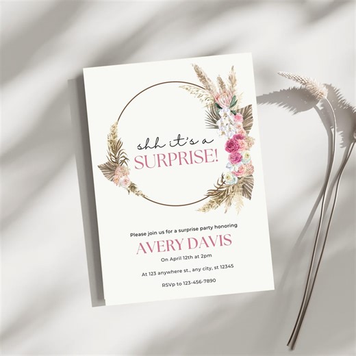 Floral Surprise Party Invitation, Boho Pink & Gold (digital Download - Etsy