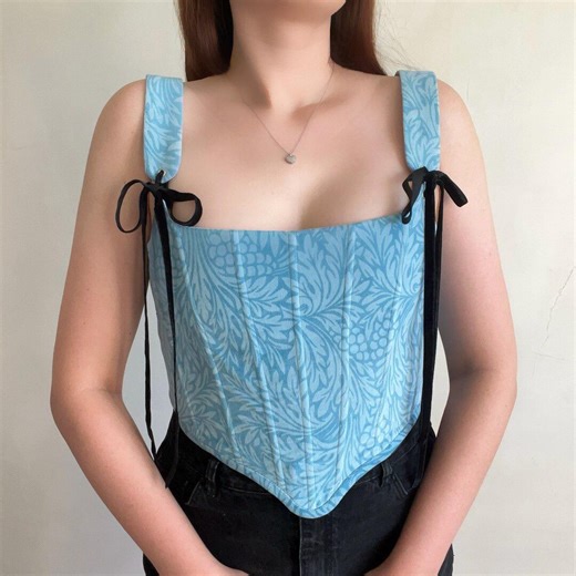 Blue Velvet Renaissance Corset Top, Floral Print Bodice - Etsy