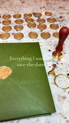 All the parts to our save the dates! 🤍🤍 ✨Custom wax seal from @Etsy ✨gold wax sticks, regular sized hot glue gun, wax seal shaper, envelopes, envelope paper liners, and magnets are all from @Amazon ✨Save the dates printed from @FedEx #2026bride #weddingplanning #savethedates #savethedatesdiy #weddingideas
