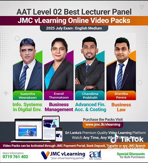 Join with the Best Lecture Panel in the Industry to get an Interactive Guidance & Passionate Learning Experience 📌 Purchase July 2025 Video Packs without any Registration Fee 👉 Register now https://www.jmc.lk/login 📌 Quality Recorded Videos with 100% Syllabus Coverage 🤩 Watch anytime at anywhere until the exam 👉 AAT Level 1 👉 AAT Level 2 👉 AAT Level 3 📌 WhatsApp for More 👉 0719 761 402 | 070 430 9967 📌 Special Discounts for students who have previously purchased vLearning video package