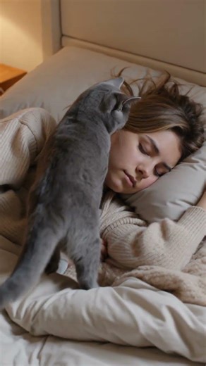 Gentle British Shorthair Cat Kneads Owner’s Cheek Until Sleepy Smile Appears