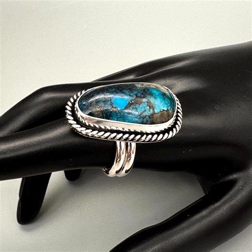Kingman Dark Blue Turquoise Ring>antiqued Sterling/fine Silver>sz 9-12 Adjustable - Etsy