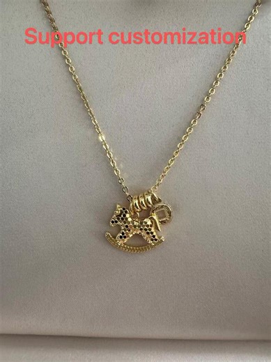 Gold Rocking Horse Pendant Necklace, Zodiac Coin Charm, Lock Bone Chain