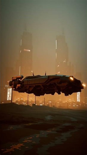 A hovering cyberpunk vehicle flies over a futuristic tech-noir desert. The vehicle has an angular...
